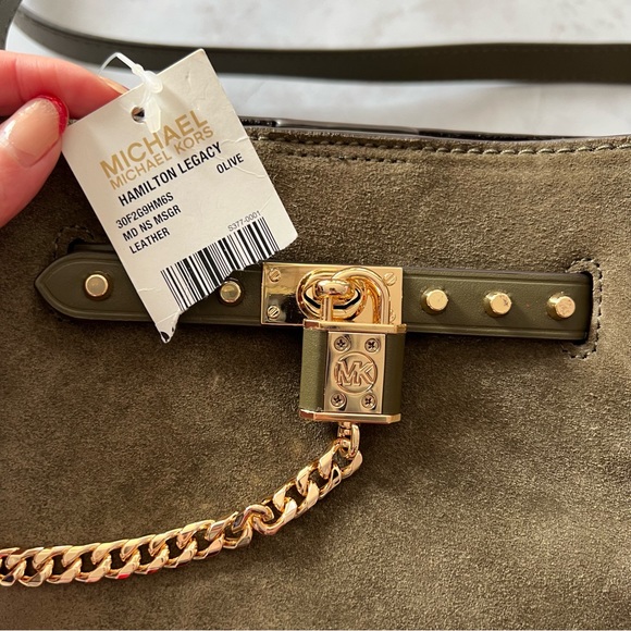 NWT Michael Kors Hamilton Legacy Medium Olive Green Suede Messenger Bag - Picture 7 of 13